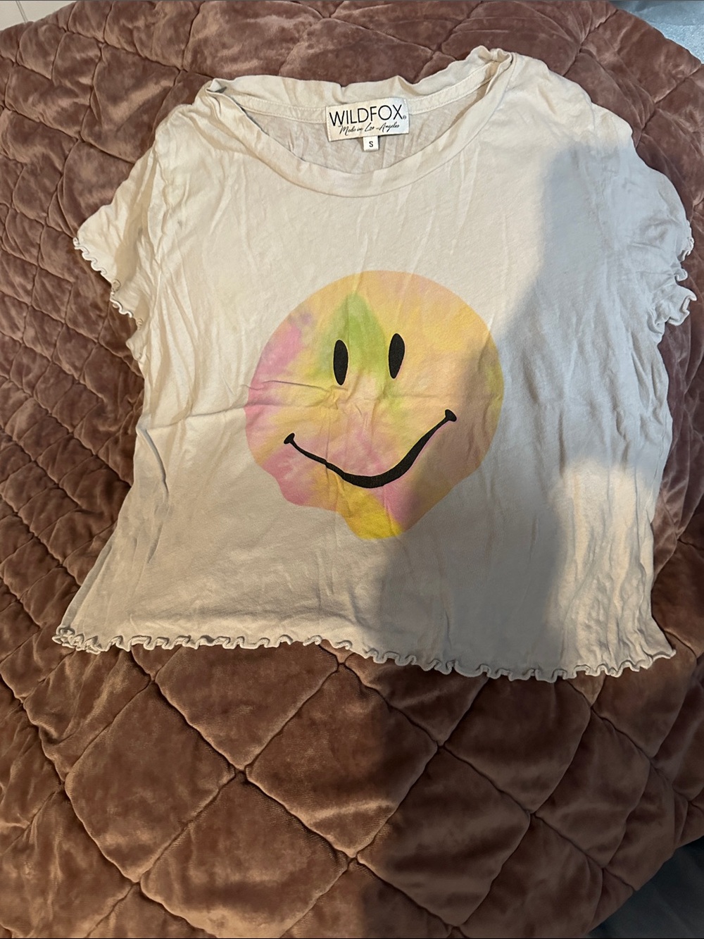 Wildfox Cream Cropped Tee with Pastel Smiley Graphic